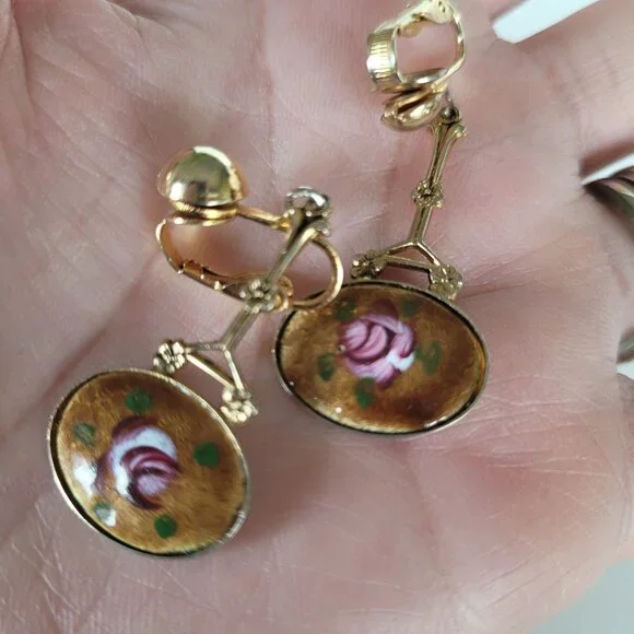 Art Noveau Cloissone Floral Dangle Drop Earrings Gold Tone - Picture 5 of 10